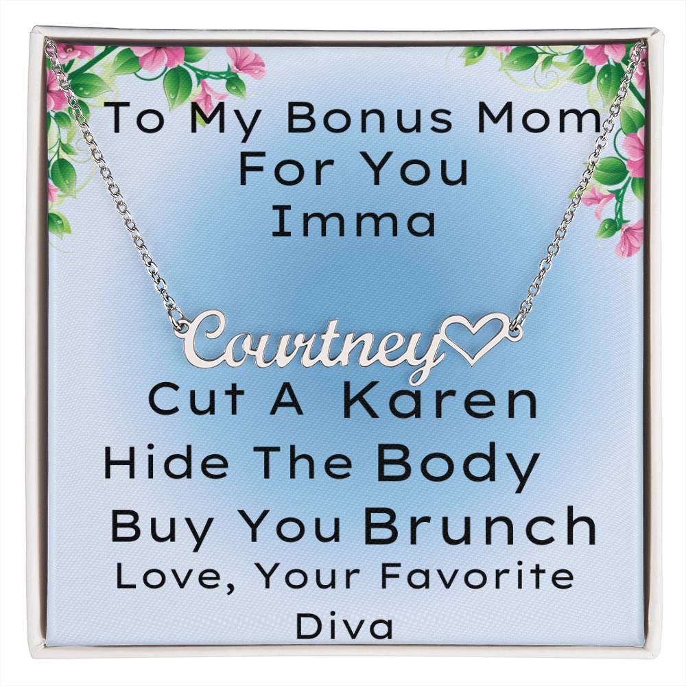 Bonus Mom Name Necklace With Heart, Funny Customized Gift For Stepmother From Stepdaughter, Bonus Daughter Love