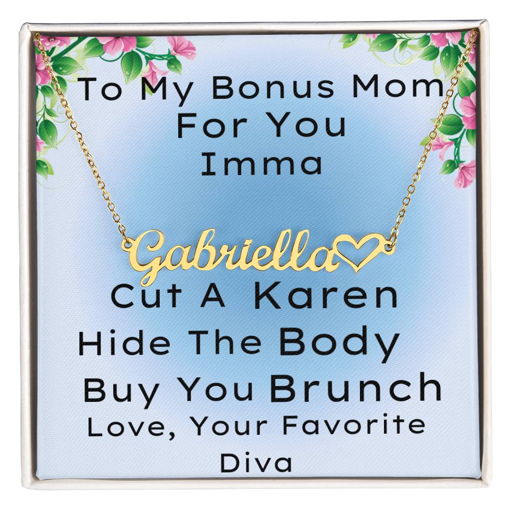 Bonus Mom Name Necklace With Heart, Funny Customized Gift For Stepmother From Stepdaughter, Bonus Daughter Love