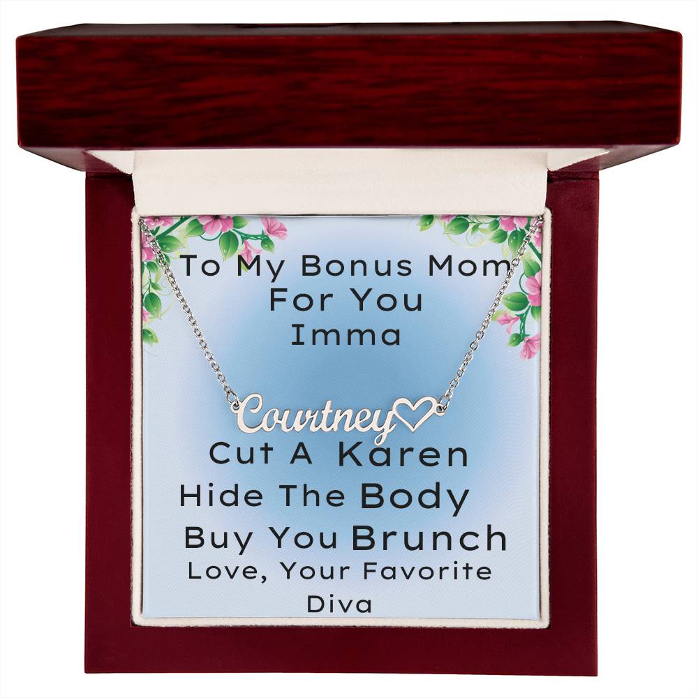 Bonus Mom Name Necklace With Heart, Funny Customized Gift For Stepmother From Stepdaughter, Bonus Daughter Love