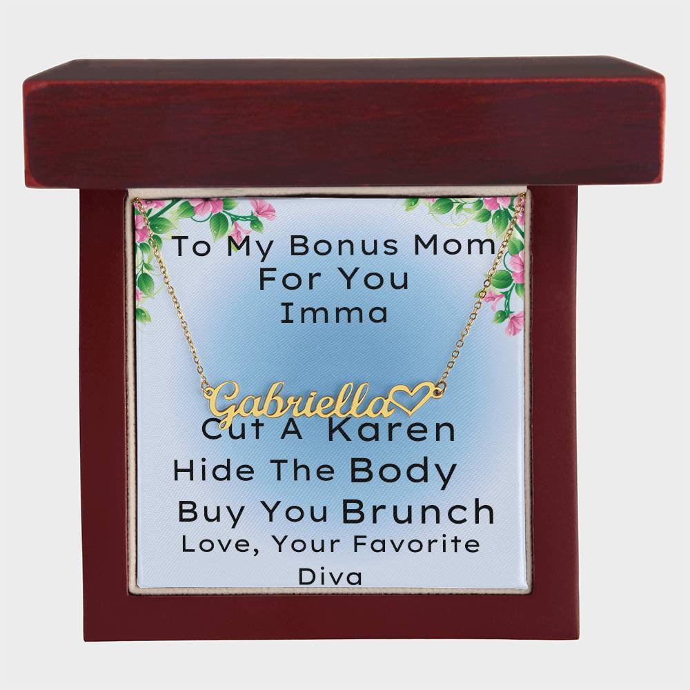 Bonus Mom Name Necklace With Heart, Funny Customized Gift For Stepmother From Stepdaughter, Bonus Daughter Love