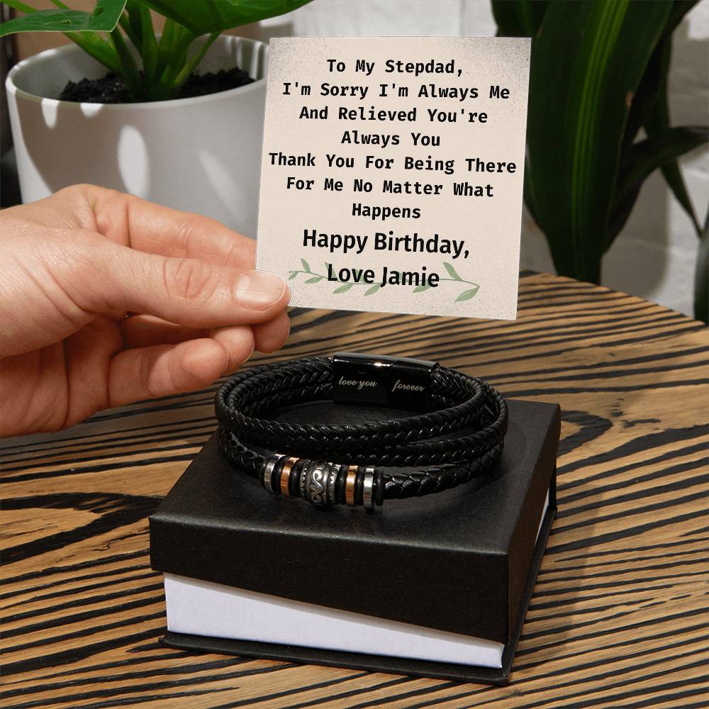 Personalized Stepdad Birthday, Vegan Leather Braided Bracelet From Stepdaughter Or Stepson, Engraved With Secret "Love You Forever"