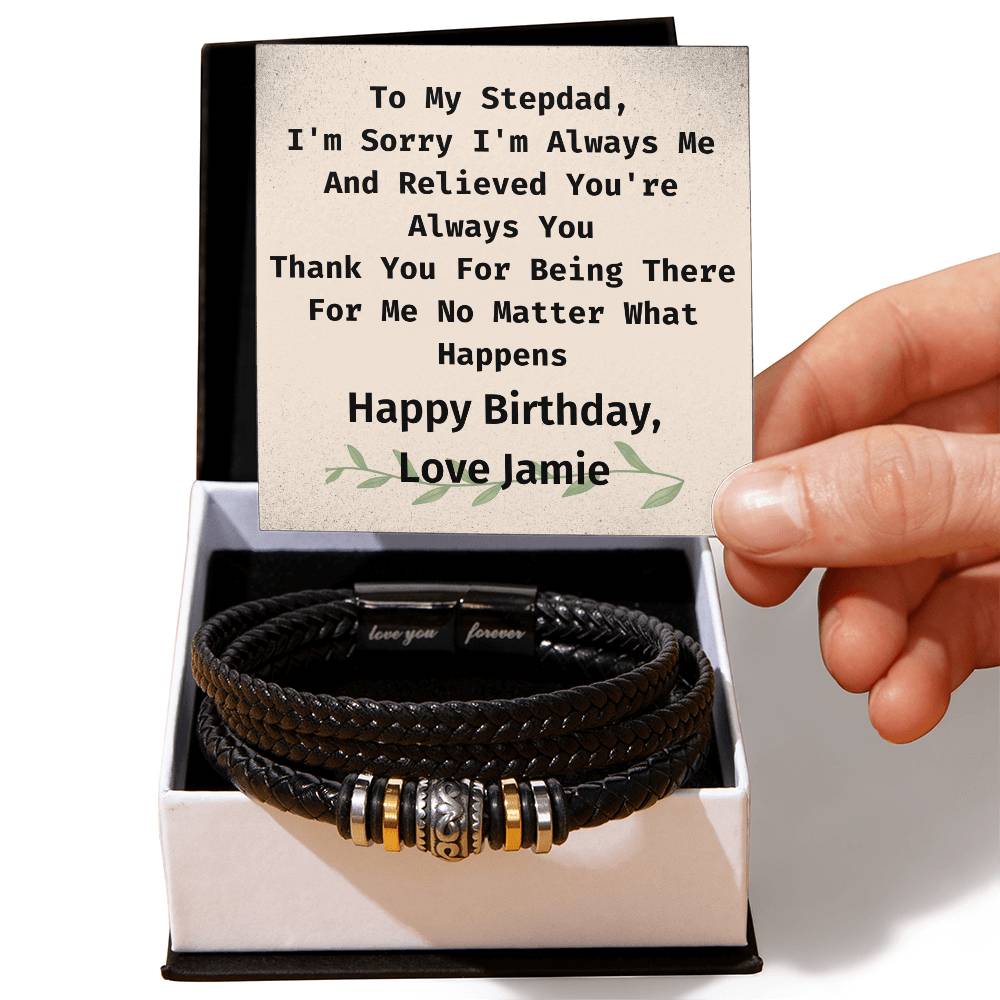 Personalized Stepdad Birthday, Vegan Leather Braided Bracelet From Stepdaughter Or Stepson, Engraved With Secret "Love You Forever"