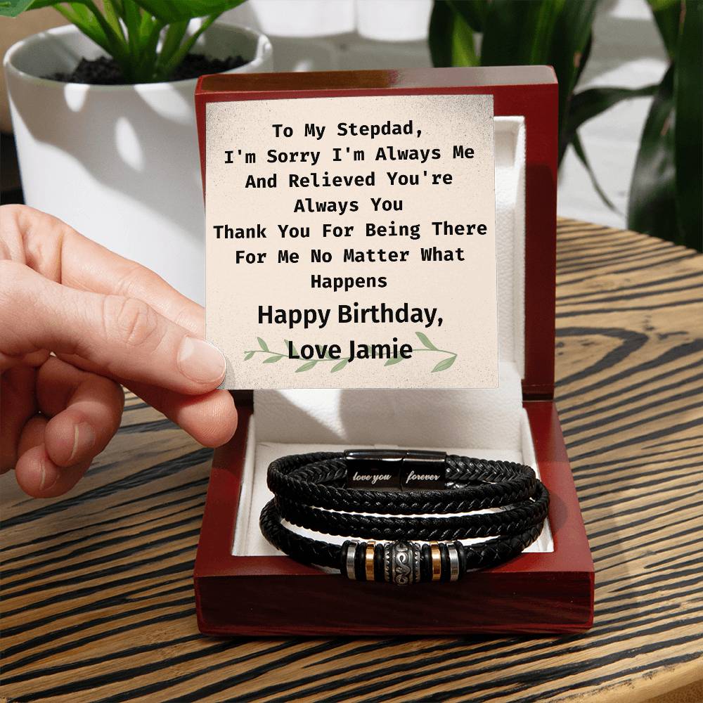 Personalized Stepdad Birthday, Vegan Leather Braided Bracelet From Stepdaughter Or Stepson, Engraved With Secret "Love You Forever"