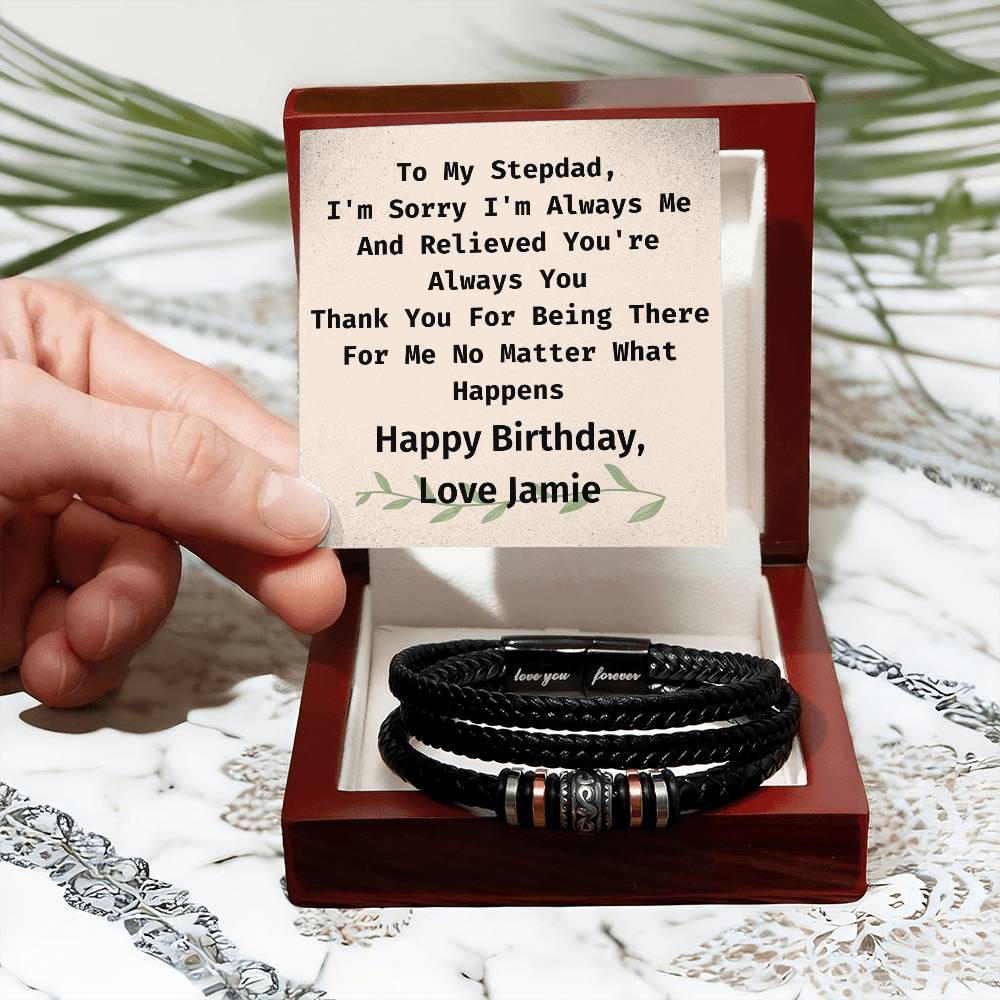 Personalized Stepdad Birthday, Vegan Leather Braided Bracelet From Stepdaughter Or Stepson, Engraved With Secret "Love You Forever"