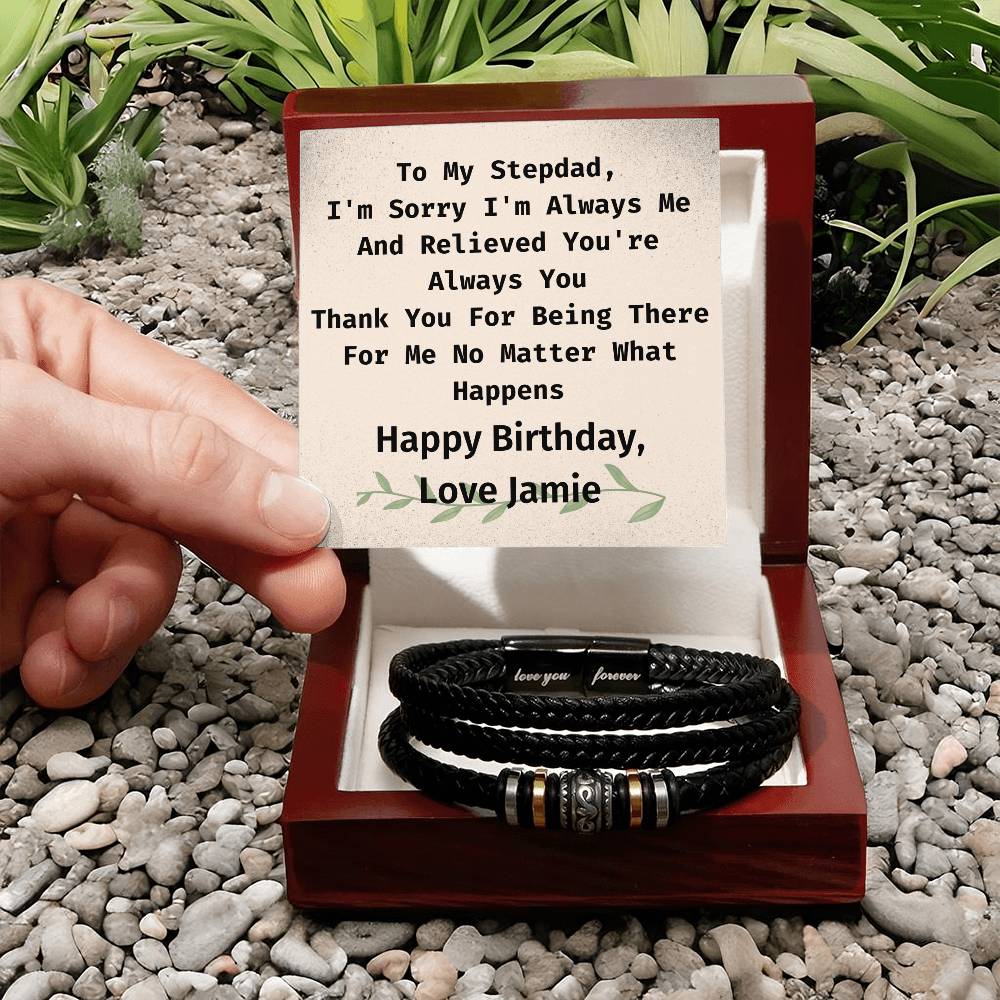 Personalized Stepdad Birthday, Vegan Leather Braided Bracelet From Stepdaughter Or Stepson, Engraved With Secret "Love You Forever"