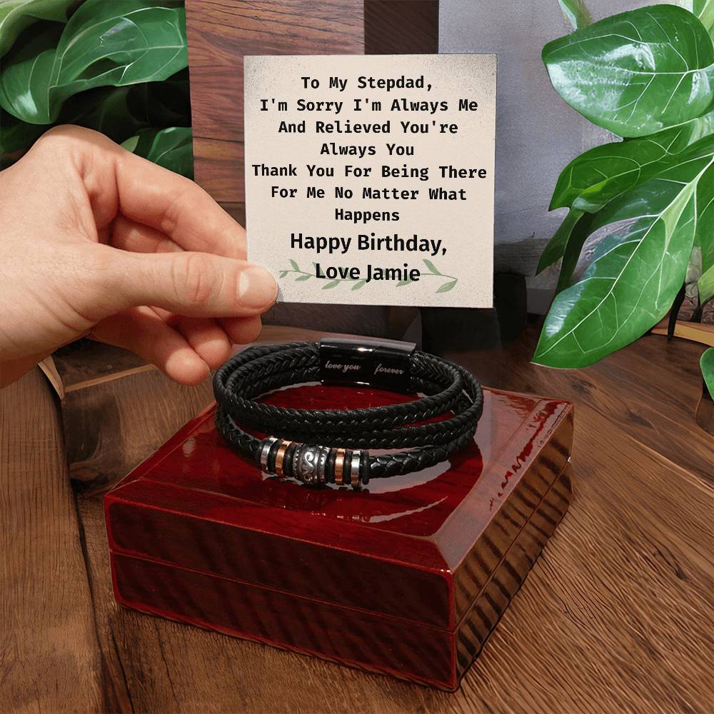 Personalized Stepdad Birthday, Vegan Leather Braided Bracelet From Stepdaughter Or Stepson, Engraved With Secret "Love You Forever"