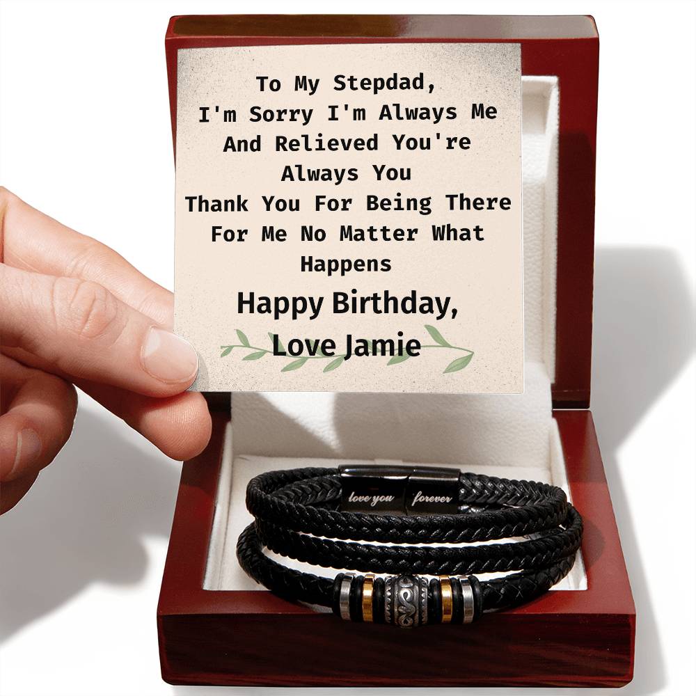 Personalized Stepdad Birthday, Vegan Leather Braided Bracelet From Stepdaughter Or Stepson, Engraved With Secret "Love You Forever"