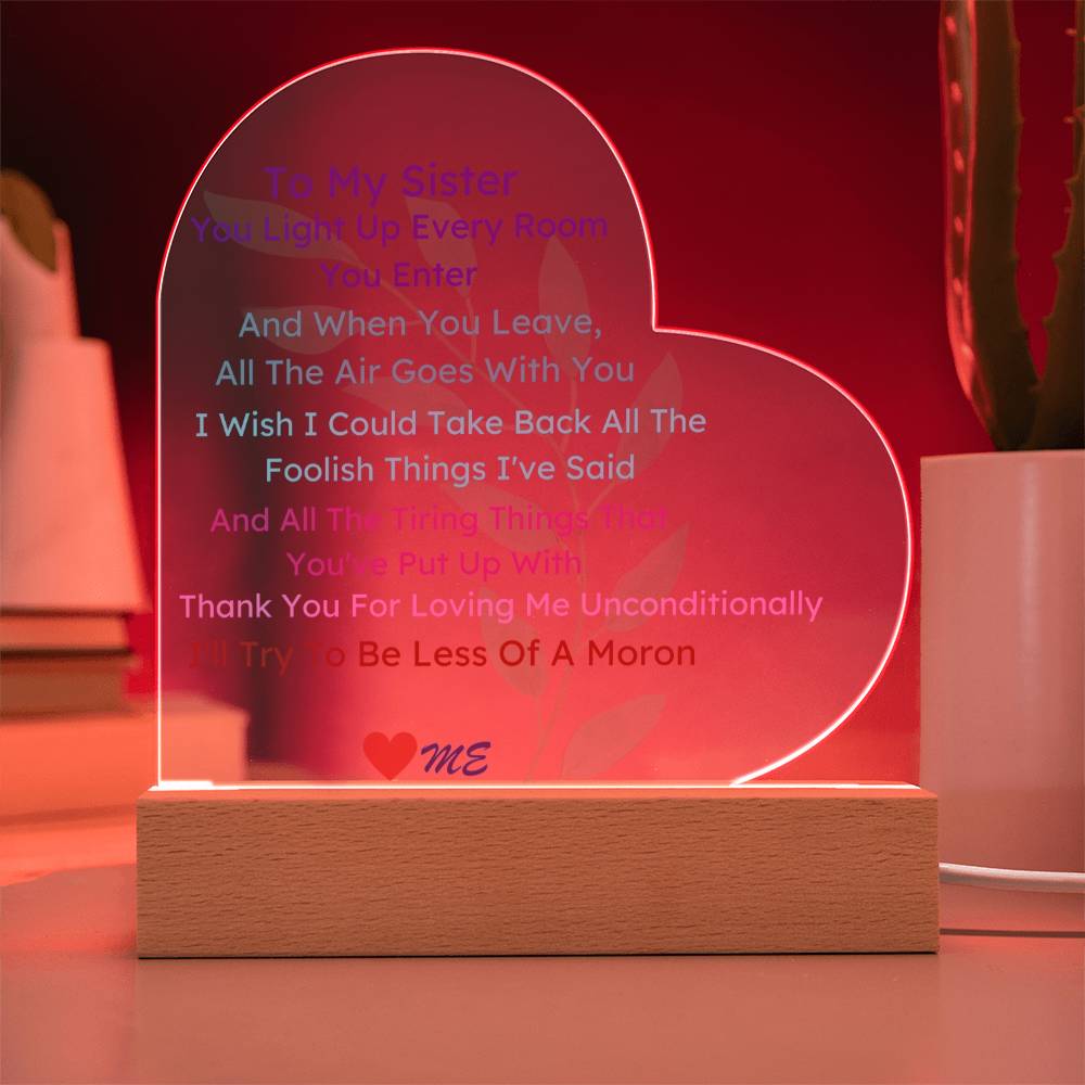 Funny And Sentimental Gift To Sister From Sister Or Brother,Love,  Acrylic Heart Plaque