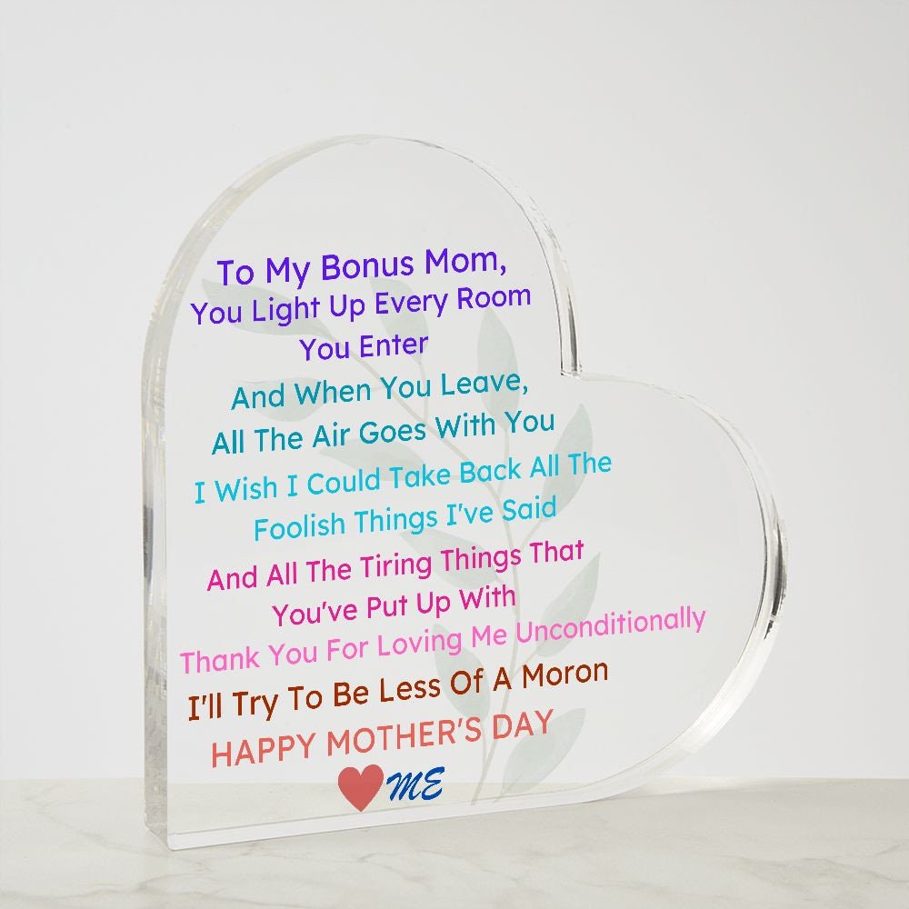 Acrylic Heart Mother's Day Plaque, To Bonus Mom, Good Mother's Day Gifts, Mother's Day Gifts Trending, Gifts For Bonus Mom, Bonus Mom Gifts