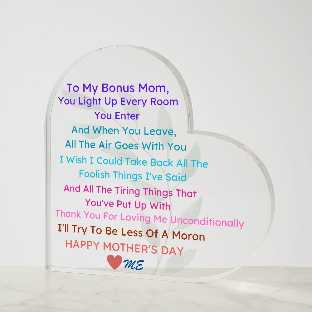 Acrylic Heart Mother's Day Plaque, To Bonus Mom, Good Mother's Day Gifts, Mother's Day Gifts Trending, Gifts For Bonus Mom, Bonus Mom Gifts