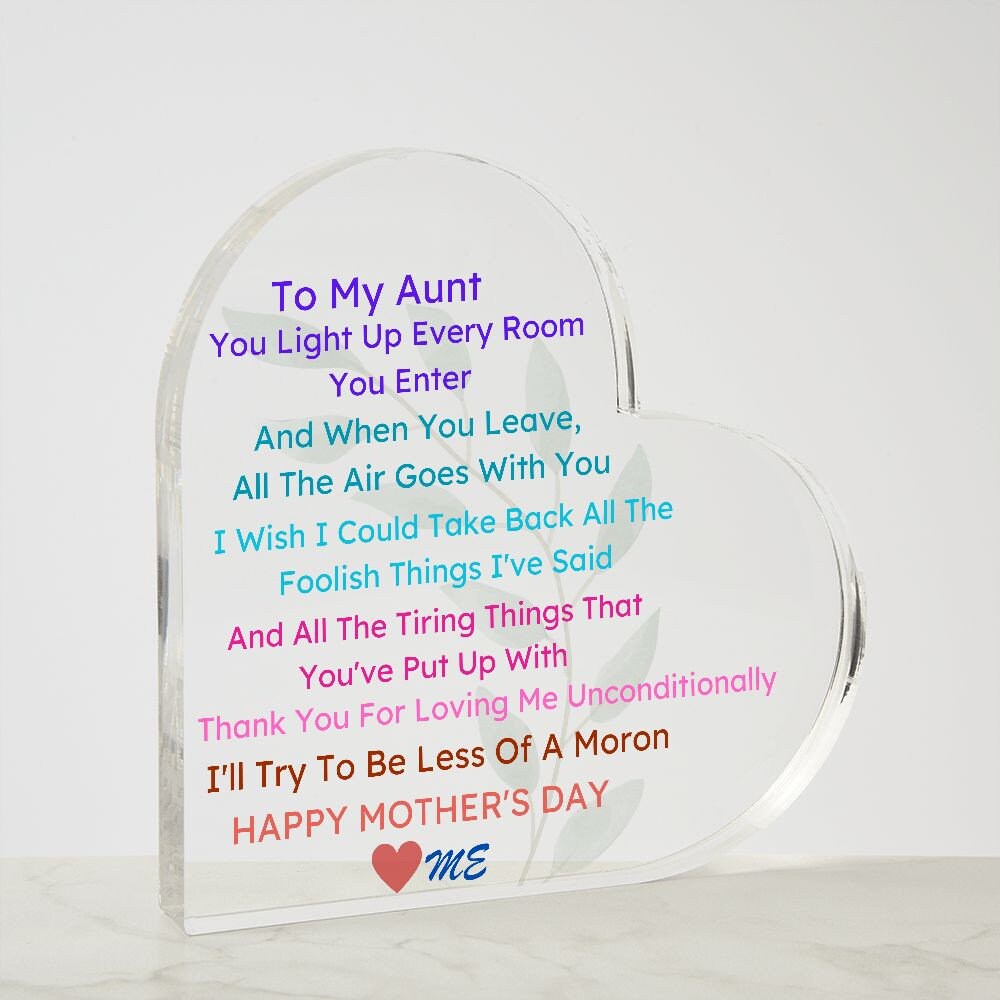 Acrylic Heart Mother's Day Plaque, To Aunt From Niece, To Aunt From Nephew, Cool Aunt,  Good Mother's Day Gifts, Mother's Day Gifts Trending