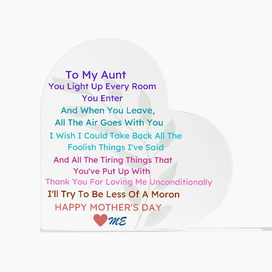 Acrylic Heart Mother's Day Plaque, To Aunt From Niece, To Aunt From Nephew, Cool Aunt,  Good Mother's Day Gifts, Mother's Day Gifts Trending