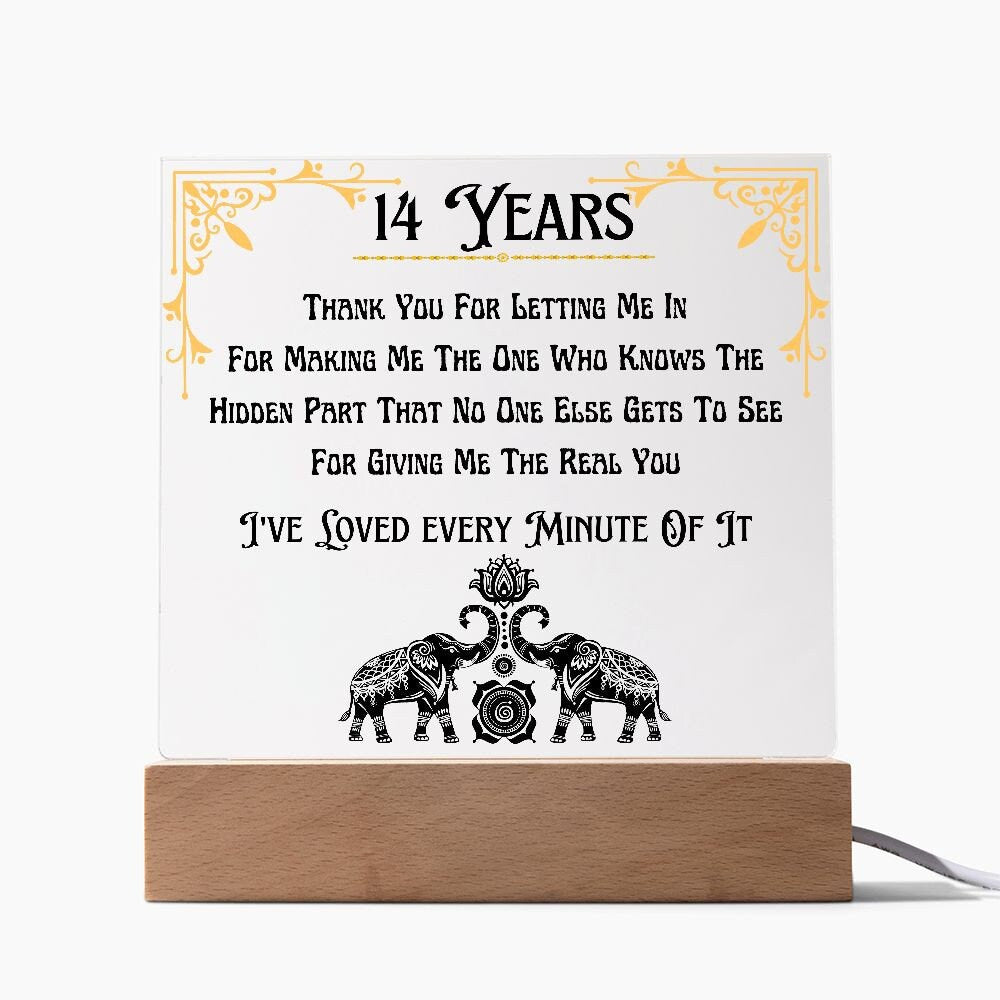 Acrylic Fourteenth Anniversary Plaque, Gifts For 14th Anniversary Husband or Wife, Elephants or Gold or Ivory or Opal, LED Upgrade