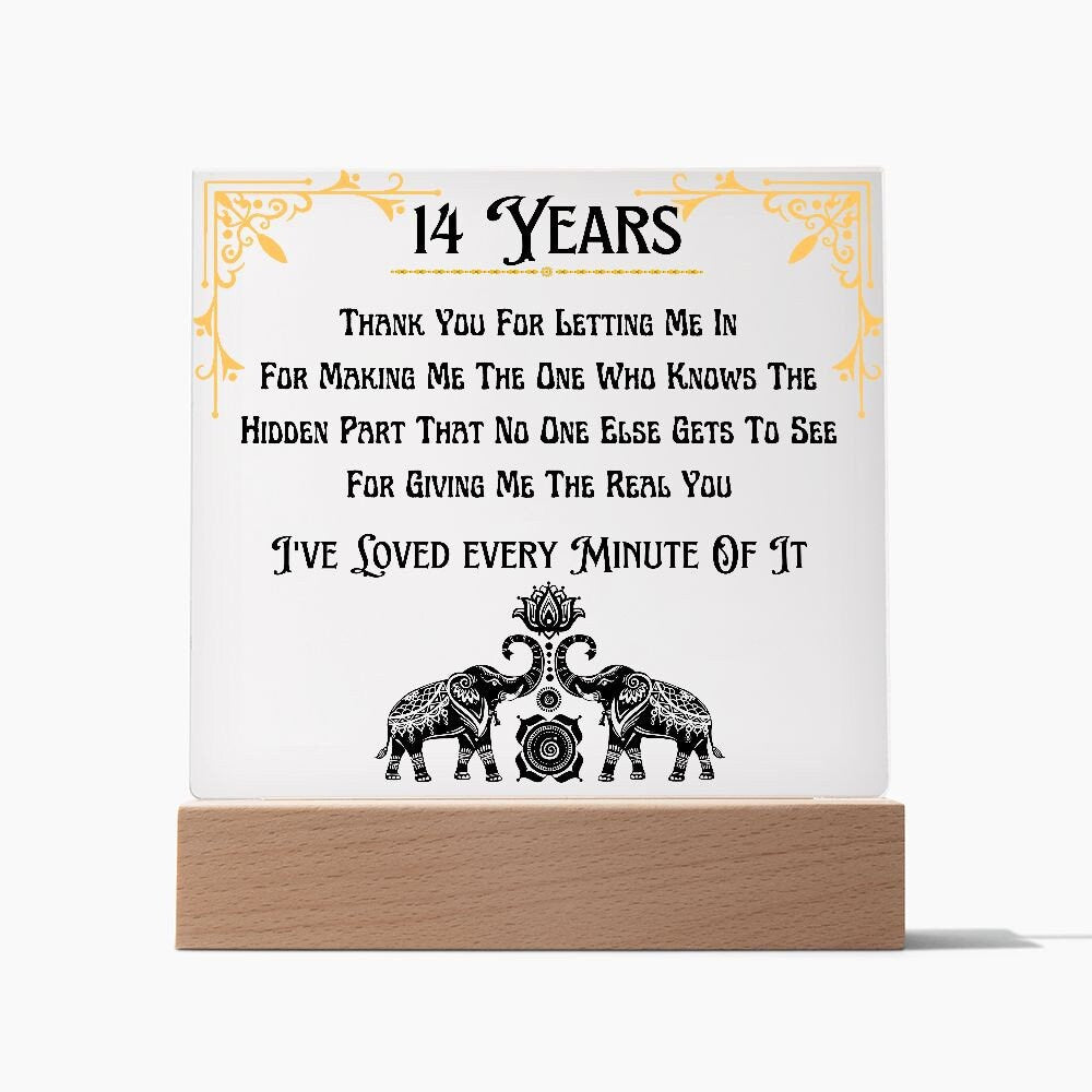 Acrylic Fourteenth Anniversary Plaque, Gifts For 14th Anniversary Husband or Wife, Elephants or Gold or Ivory or Opal, LED Upgrade