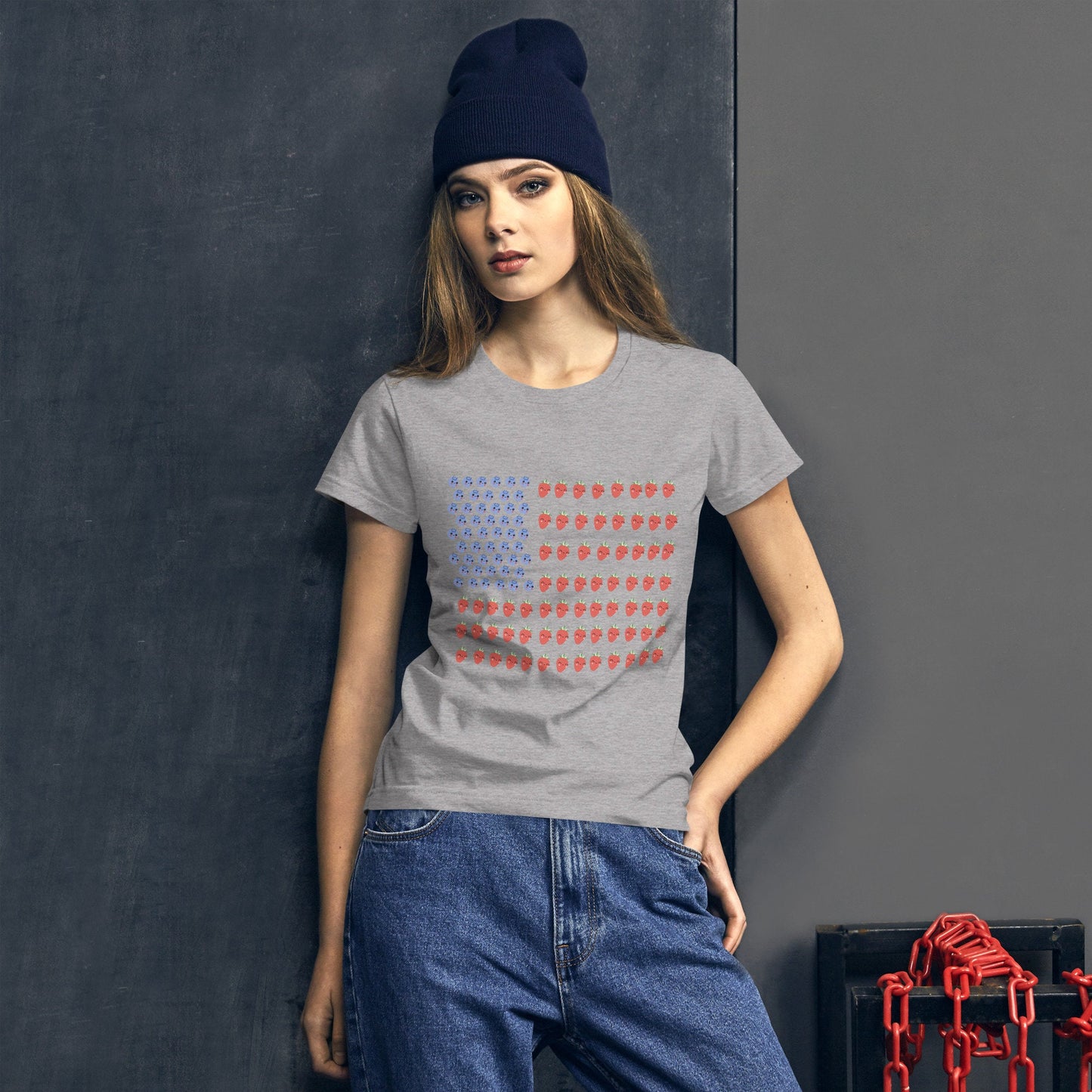 2 Colors Available, Strawberry And Blueberry With Faces American Flag T Shirt For Women