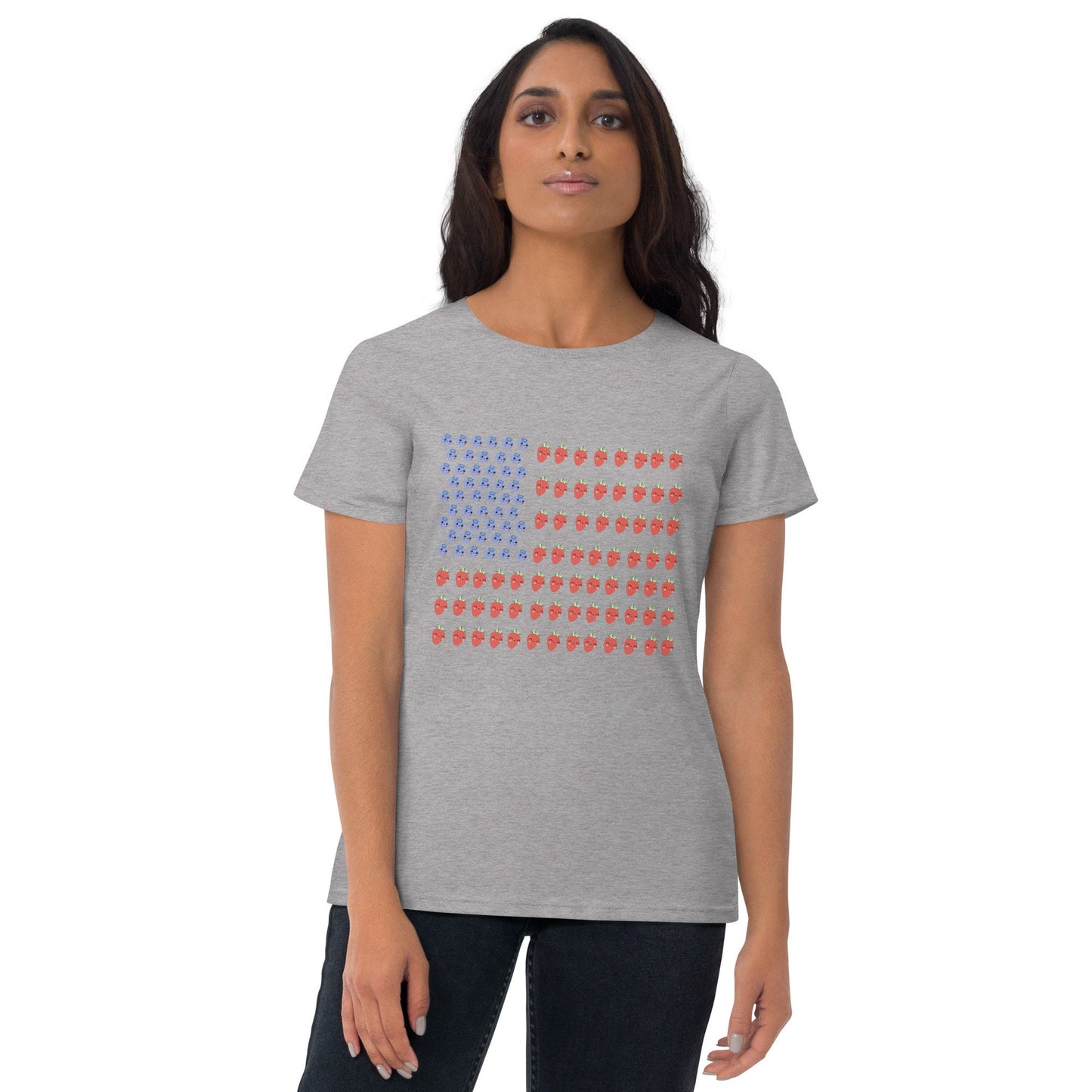 2 Colors Available, Strawberry And Blueberry With Faces American Flag T Shirt For Women