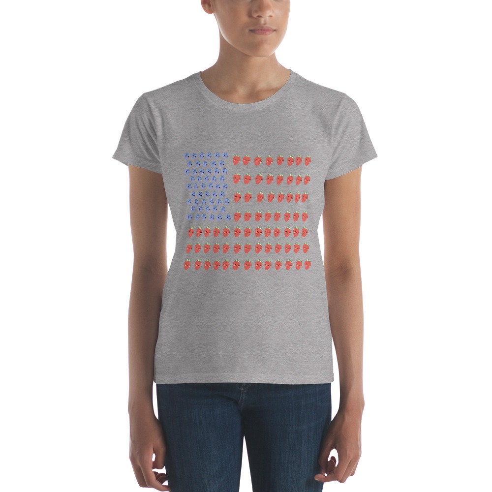 2 Colors Available, Strawberry And Blueberry With Faces American Flag T Shirt For Women