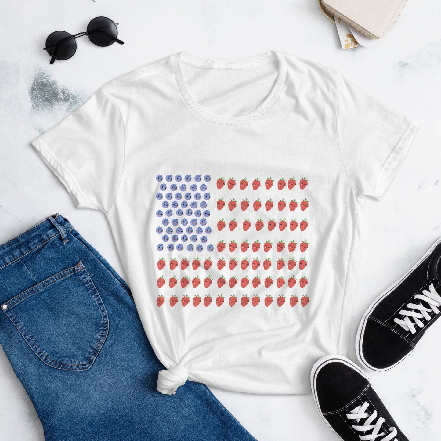 2 Colors Available, Strawberry And Blueberry With Faces American Flag T Shirt For Women