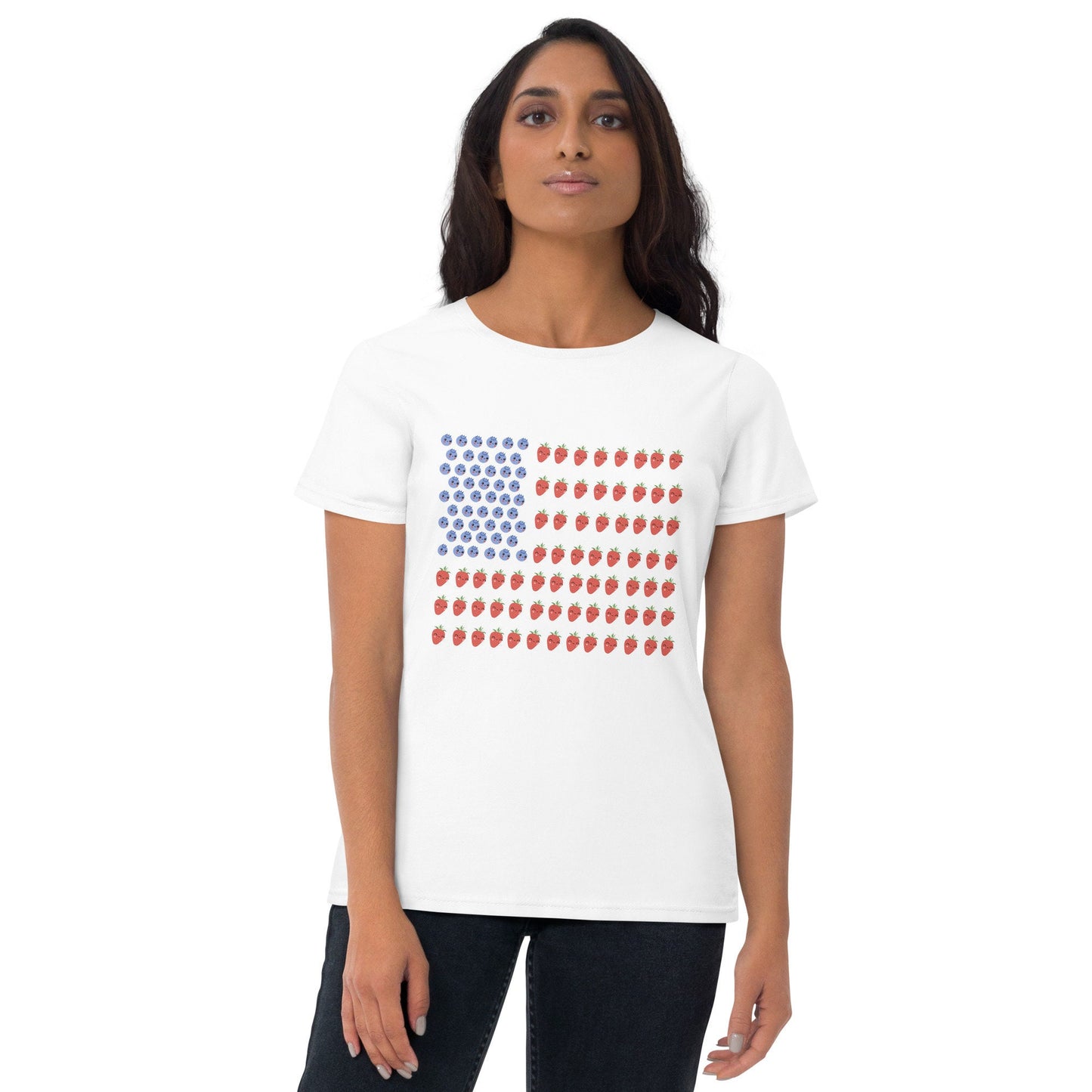 2 Colors Available, Strawberry And Blueberry With Faces American Flag T Shirt For Women