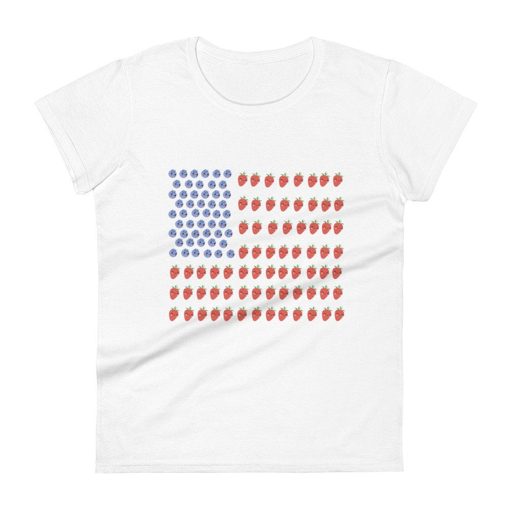 2 Colors Available, Strawberry And Blueberry With Faces American Flag T Shirt For Women