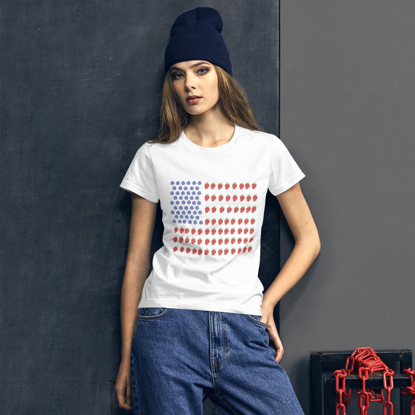 2 Colors Available, Strawberry And Blueberry With Faces American Flag T Shirt For Women