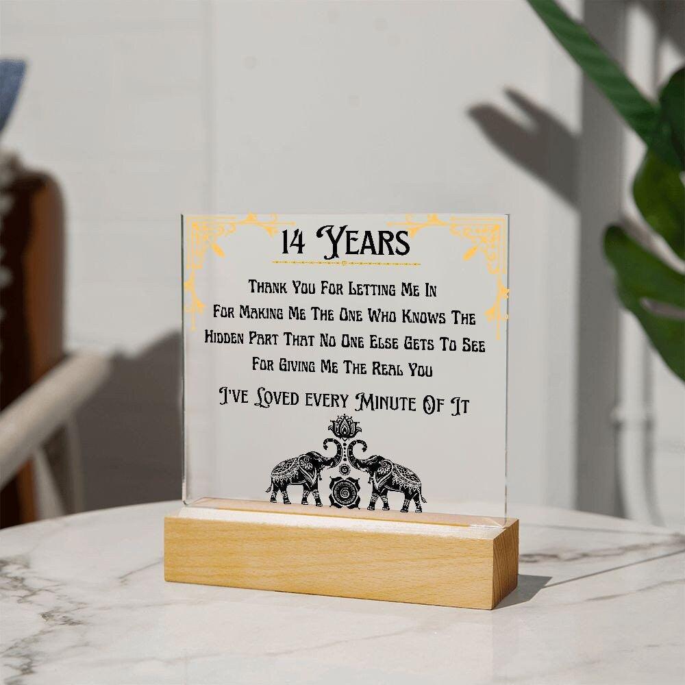 Acrylic Fourteenth Anniversary Plaque, Gifts For 14th Anniversary Husband or Wife, Elephants or Gold or Ivory or Opal, LED Upgrade