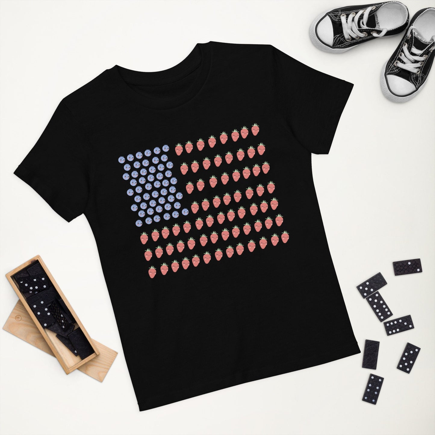 3 Colors Available, Strawberry And Blueberry With Faces American Flag T Shirt For Toddlers To Youth,  Organic Cotton