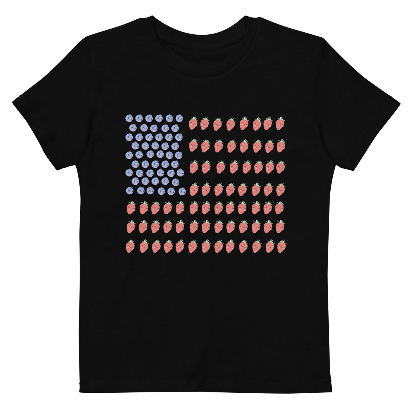 3 Colors Available, Strawberry And Blueberry With Faces American Flag T Shirt For Toddlers To Youth,  Organic Cotton