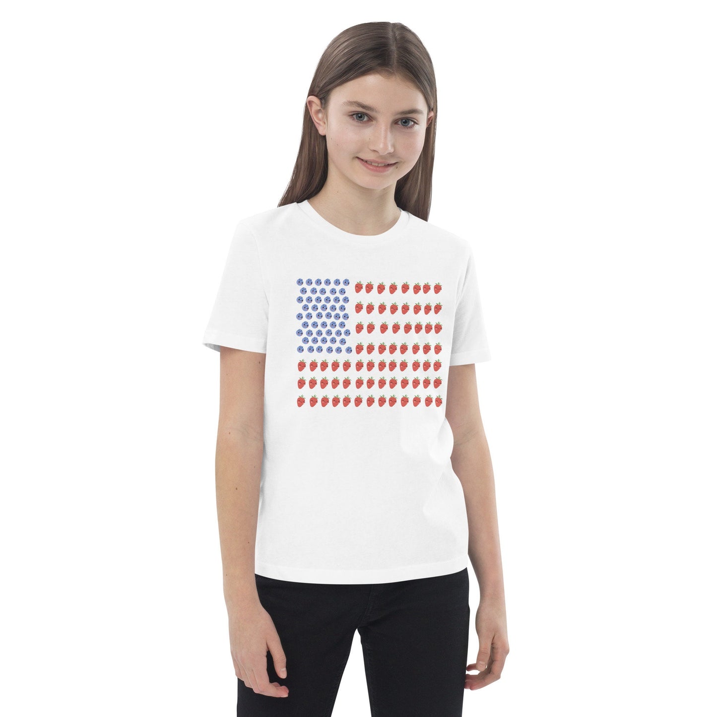 3 Colors Available, Strawberry And Blueberry With Faces American Flag T Shirt For Toddlers To Youth,  Organic Cotton