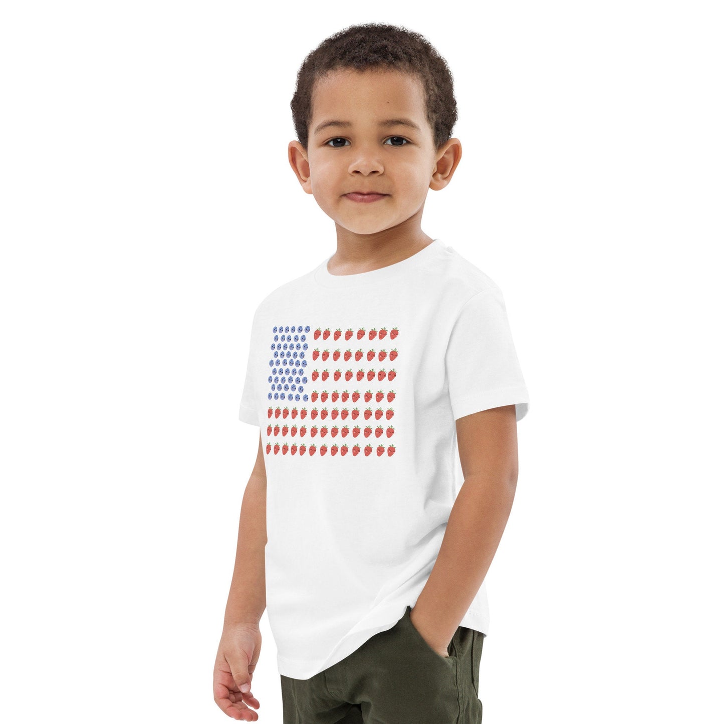 3 Colors Available, Strawberry And Blueberry With Faces American Flag T Shirt For Toddlers To Youth,  Organic Cotton