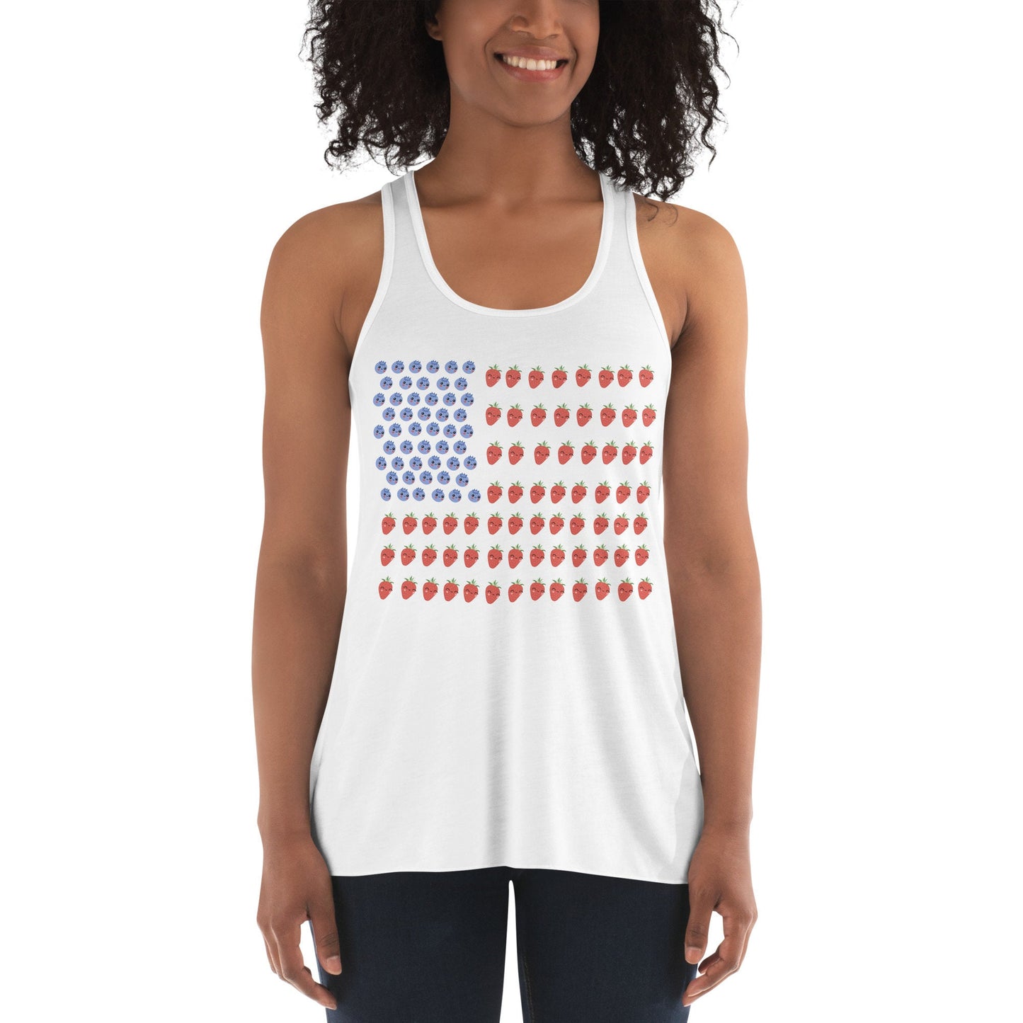 3 Colors Available, Strawberry And Blueberry With Faces American Flag 4th Of July Flowy Tank Top,