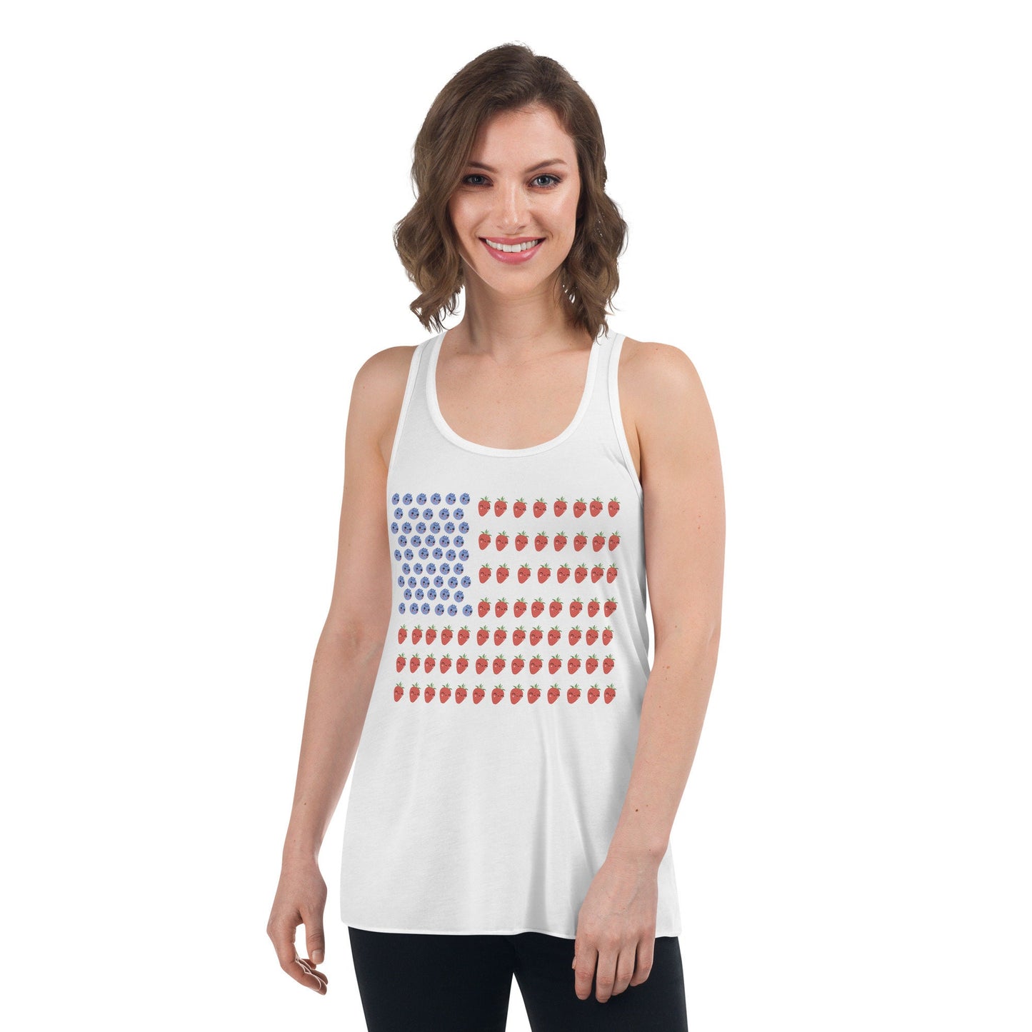 3 Colors Available, Strawberry And Blueberry With Faces American Flag 4th Of July Flowy Tank Top,