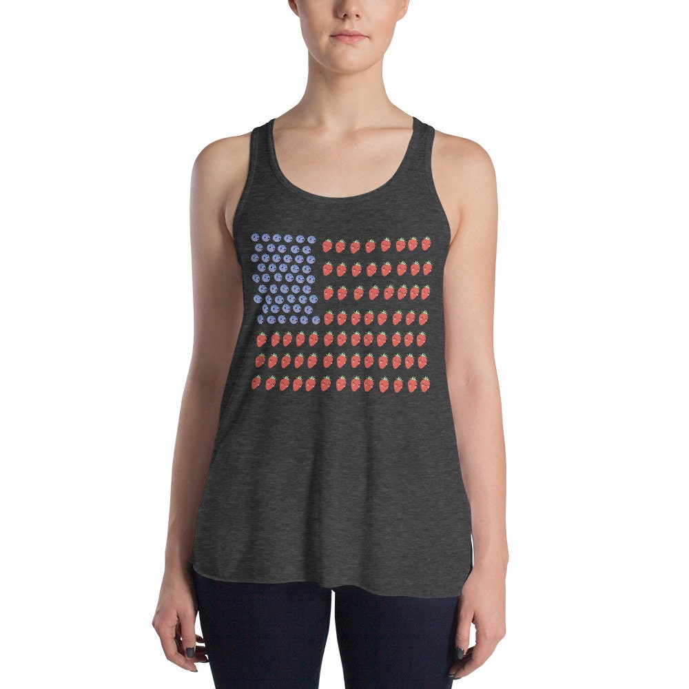 3 Colors Available, Strawberry And Blueberry With Faces American Flag 4th Of July Flowy Tank Top,