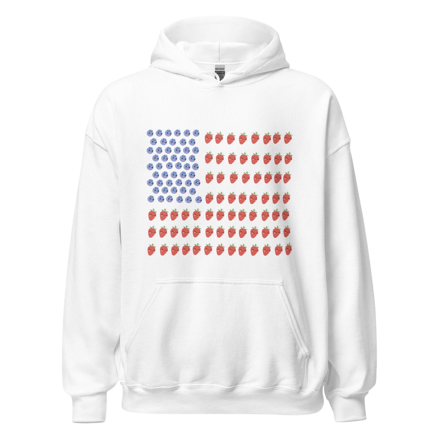 4 Colors Available, Strawberry And Blueberry With Faces American Flag Hoodie, Unisex