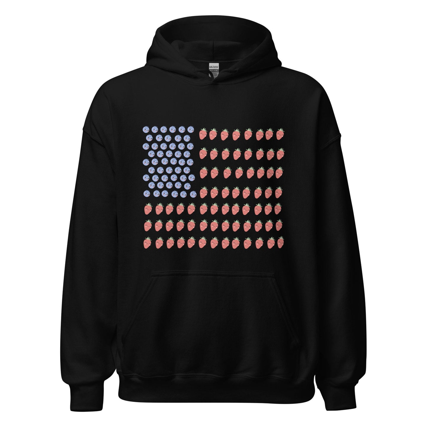 4 Colors Available, Strawberry And Blueberry With Faces American Flag Hoodie, Unisex