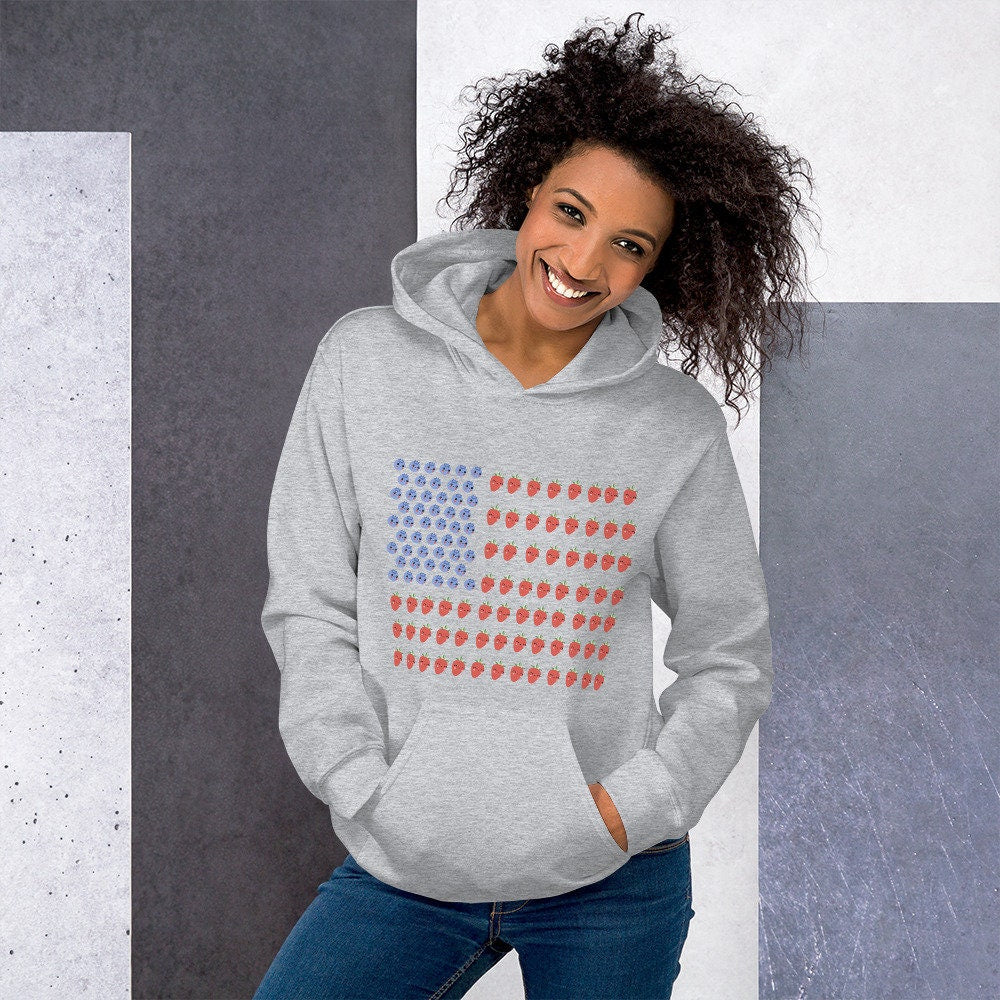 4 Colors Available, Strawberry And Blueberry With Faces American Flag Hoodie, Unisex