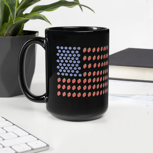 Strawberry And Blueberry With Faces American Flag Extra Large Mug, Black, 15oz, Printed On Both Sides For Right And Left Handed People