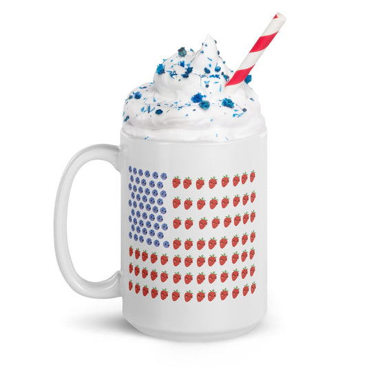 Strawberry And Blueberry With Faces American Flag Extra Large Mug, White, 15oz, Printed On Both Sides For Right And Left Handed People