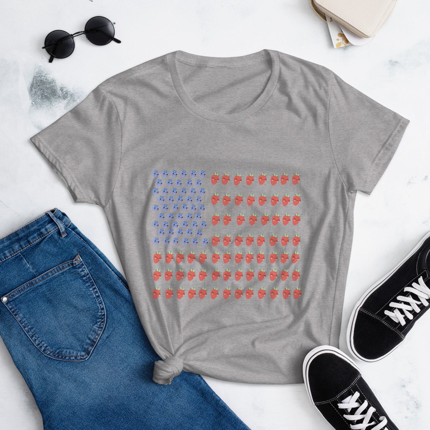 2 Colors Available, Strawberry And Blueberry With Faces American Flag T Shirt For Women