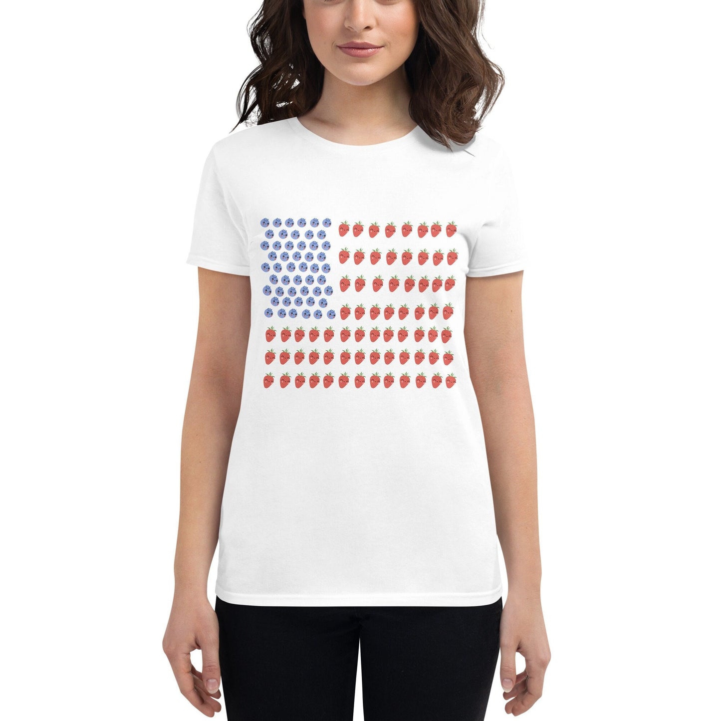 2 Colors Available, Strawberry And Blueberry With Faces American Flag T Shirt For Women