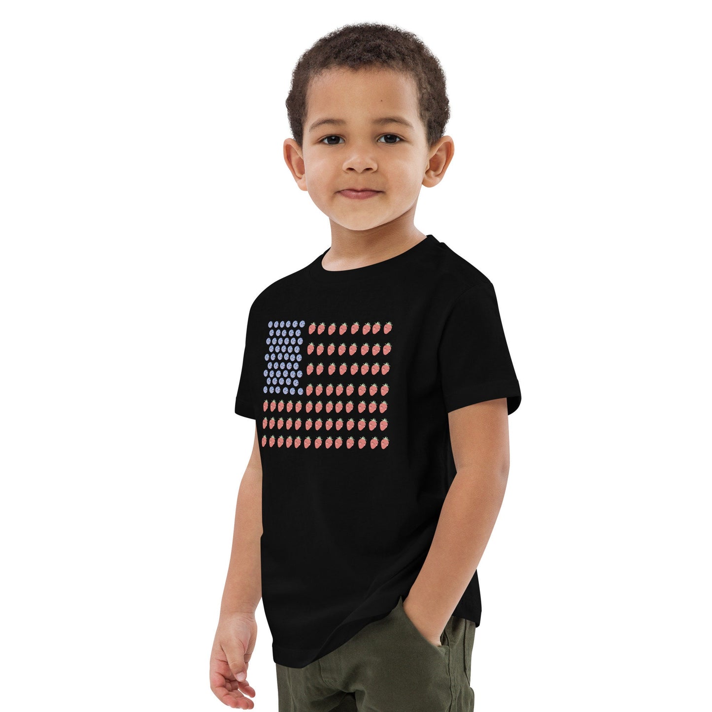 3 Colors Available, Strawberry And Blueberry With Faces American Flag T Shirt For Toddlers To Youth,  Organic Cotton