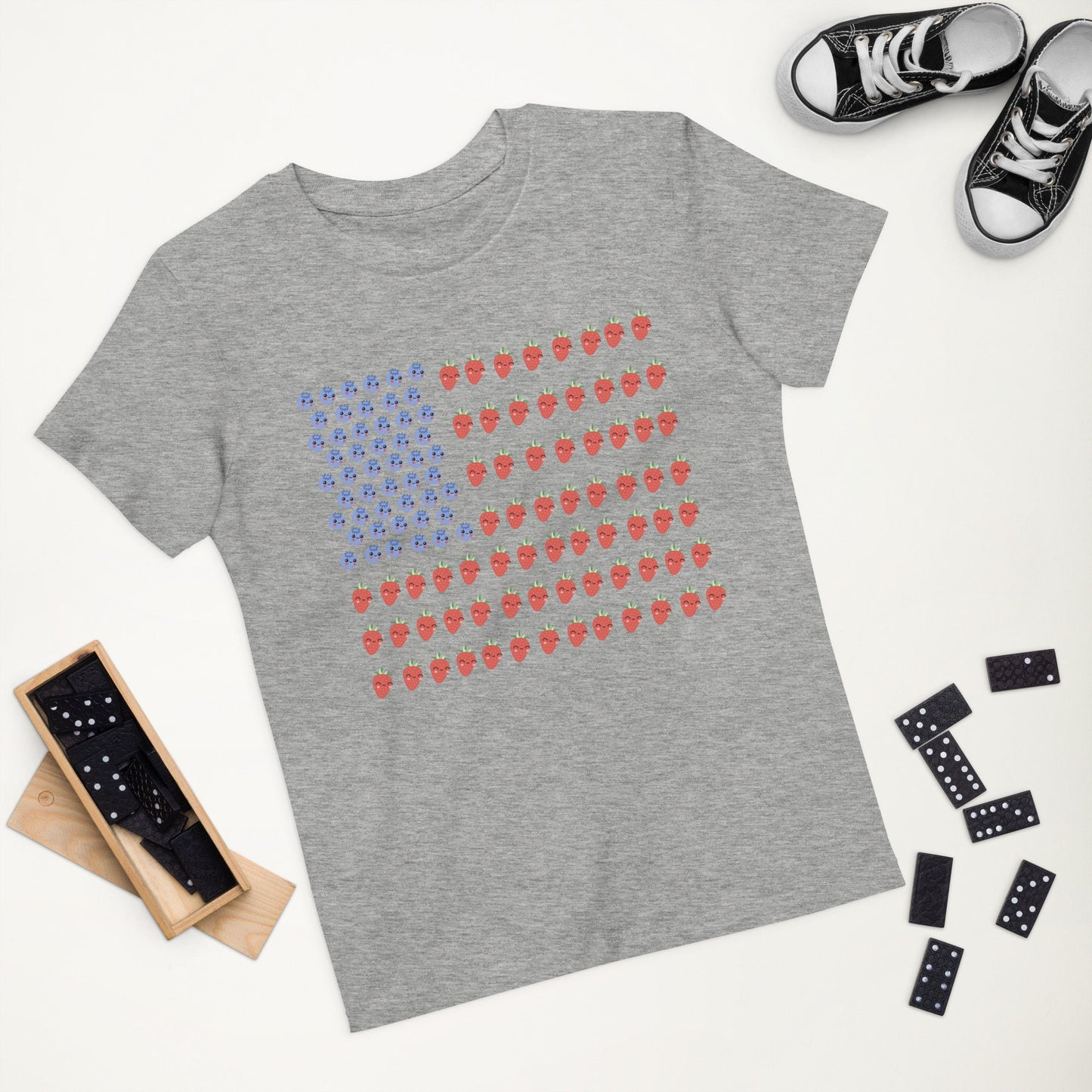 3 Colors Available, Strawberry And Blueberry With Faces American Flag T Shirt For Toddlers To Youth,  Organic Cotton