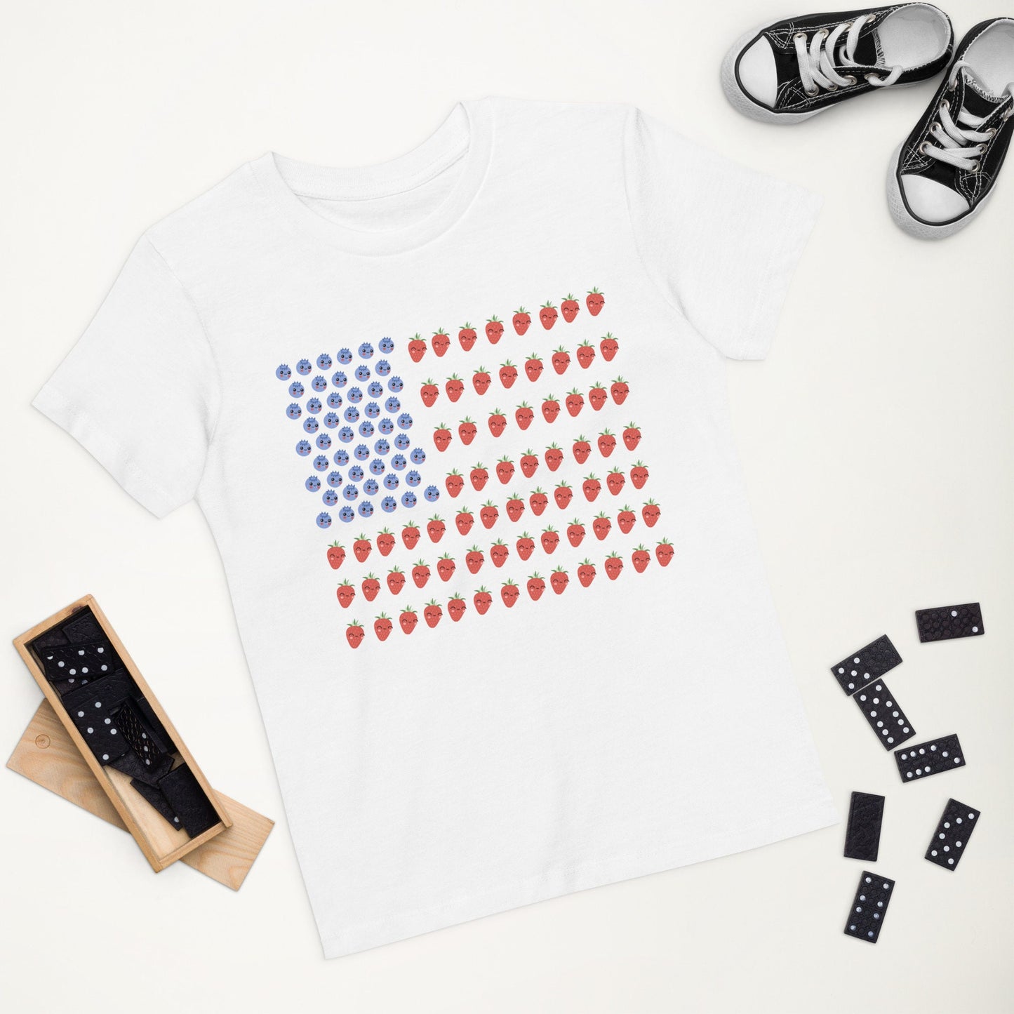 3 Colors Available, Strawberry And Blueberry With Faces American Flag T Shirt For Toddlers To Youth,  Organic Cotton