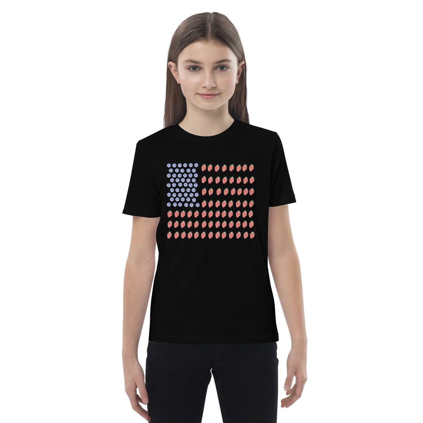 3 Colors Available, Strawberry And Blueberry With Faces American Flag T Shirt For Toddlers To Youth,  Organic Cotton