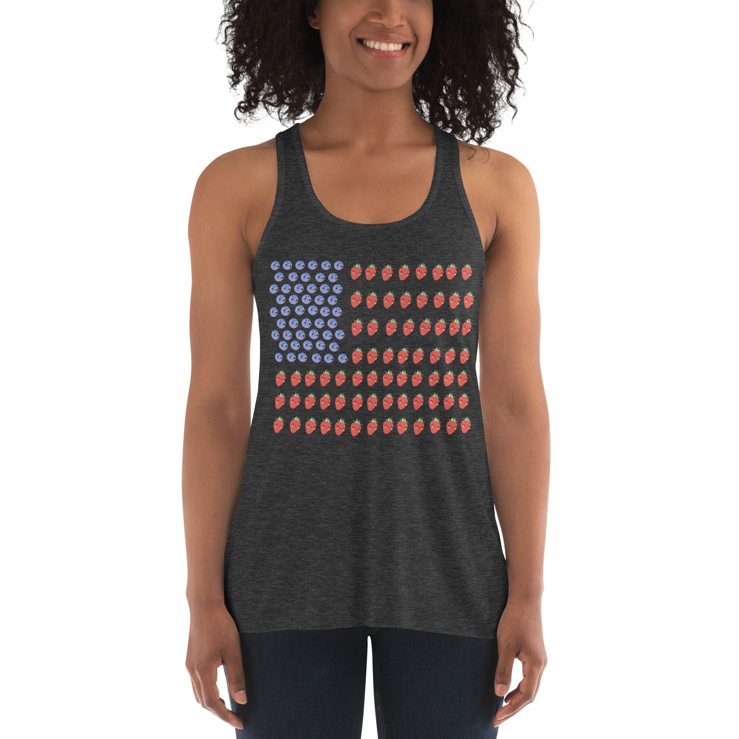 3 Colors Available, Strawberry And Blueberry With Faces American Flag 4th Of July Flowy Tank Top,