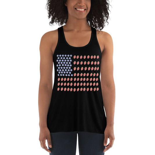 3 Colors Available, Strawberry And Blueberry With Faces American Flag 4th Of July Flowy Tank Top,