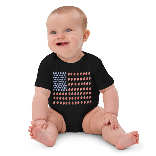 Strawberry And Blueberry With Faces American Flag Onesie, 3 Colors Available, Organic Cotton, Nickel Free Snaps