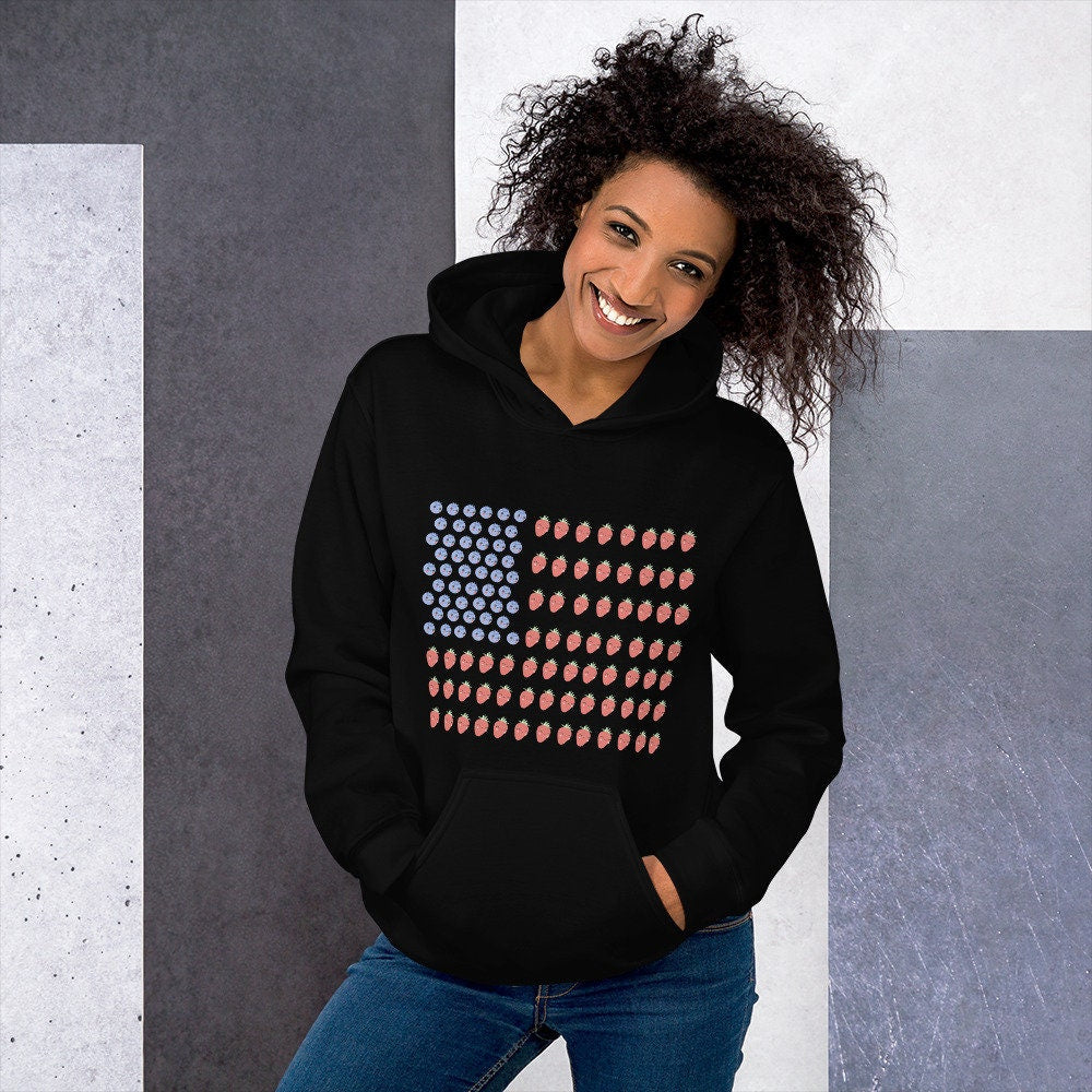 4 Colors Available, Strawberry And Blueberry With Faces American Flag Hoodie, Unisex