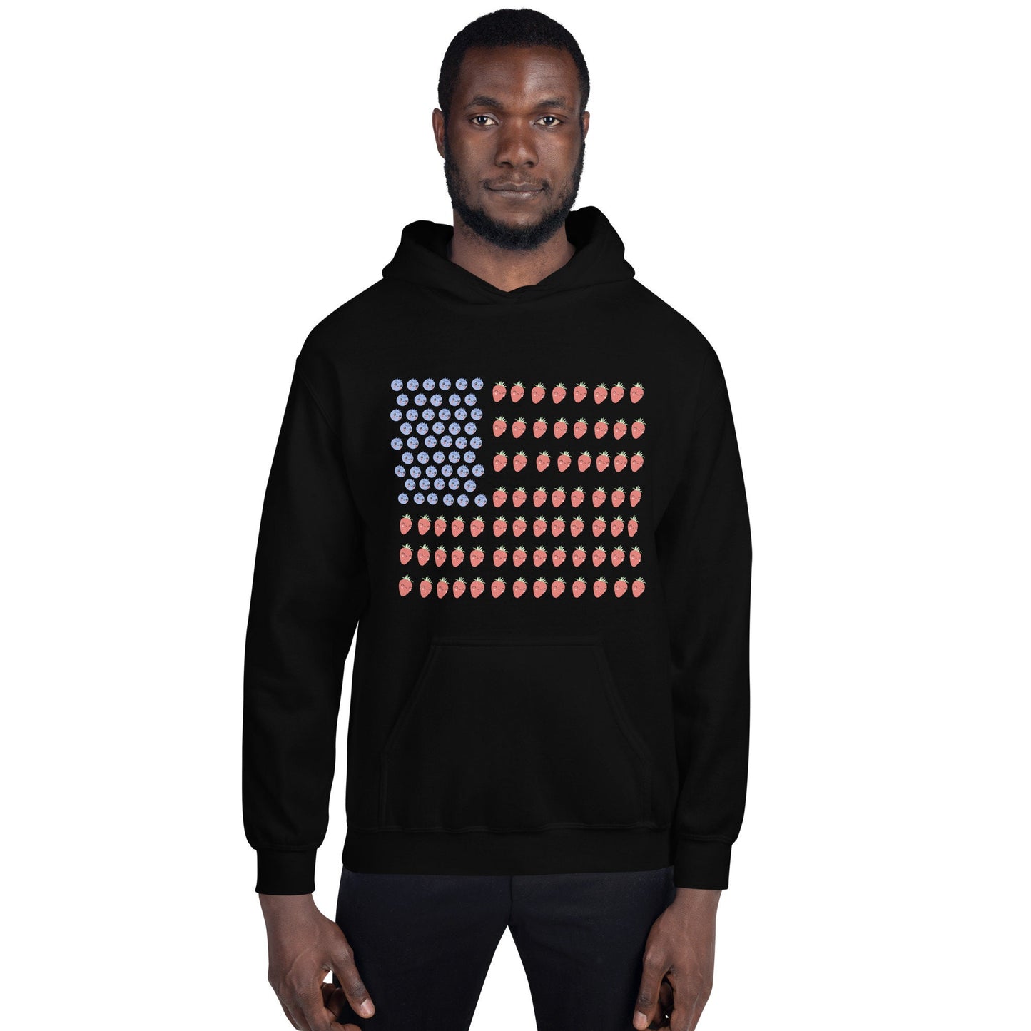 4 Colors Available, Strawberry And Blueberry With Faces American Flag Hoodie, Unisex