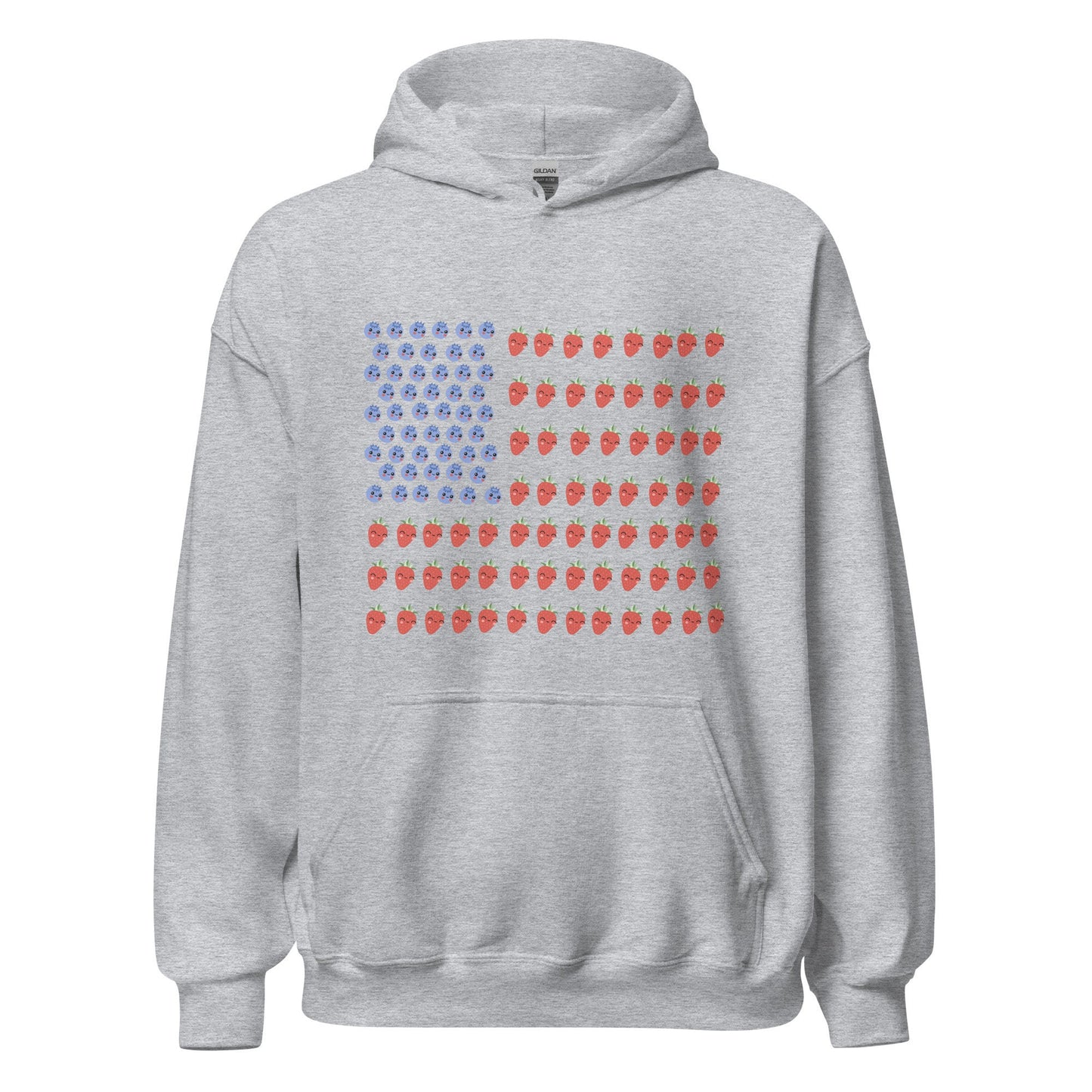 4 Colors Available, Strawberry And Blueberry With Faces American Flag Hoodie, Unisex